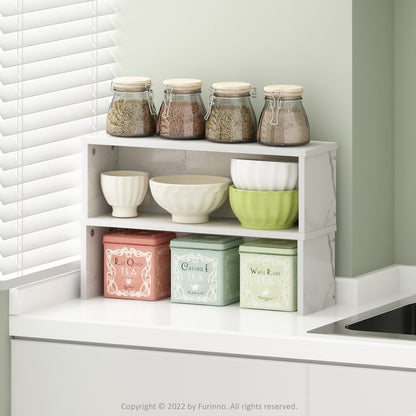 Helena 18-Inch Kitchen Counter Stackable Organizer Shelf, Marble White, Set of 2