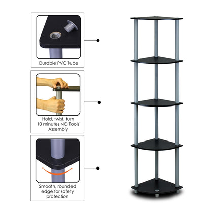 Turn-N-Tube 5 Tier Corner Display Rack Multipurpose Shelving Unit, Black/Grey