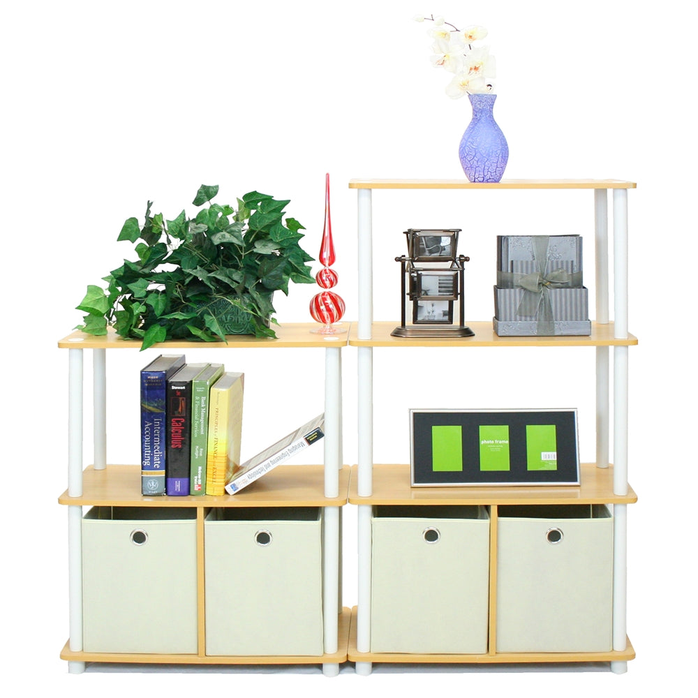 Turn-N-Tube Go Green 3-Tier Multipurpose Storage Rack Shelving Unit w/Bins, Beech/White