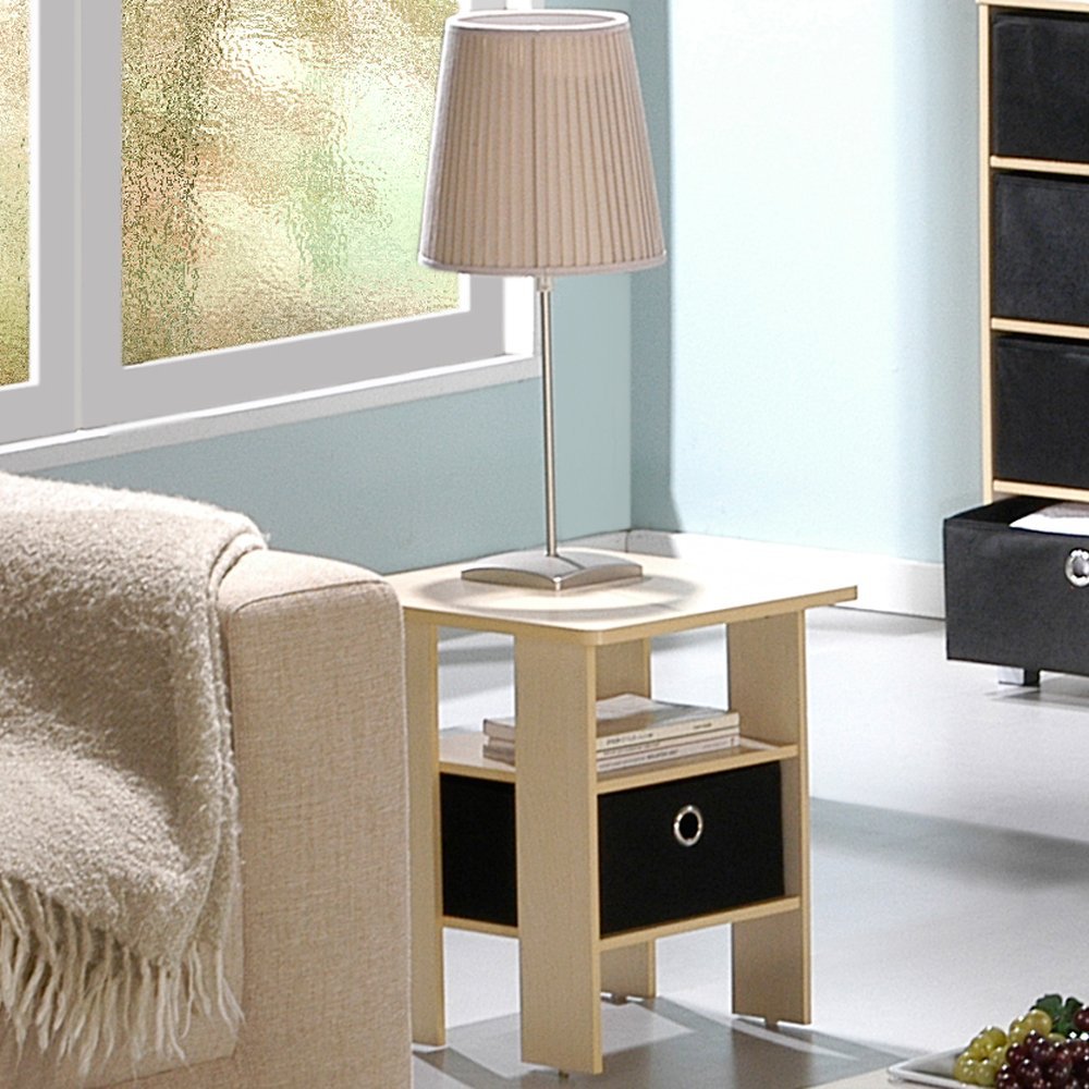 End Table Bedroom Night Stand w/Bin Drawer, Steam Beech/Black