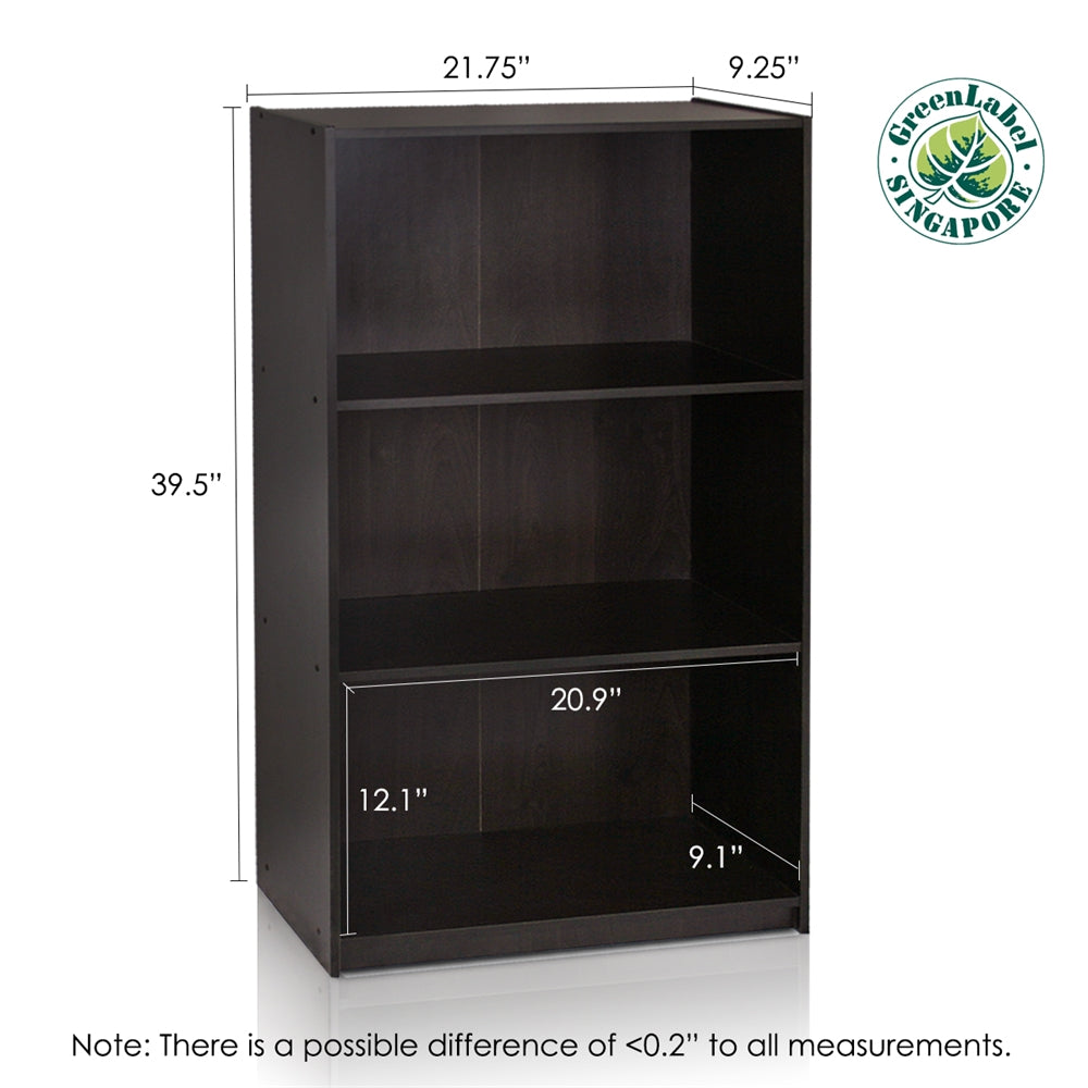 Basic 3-Tier Bookcase Storage Shelves, Espresso