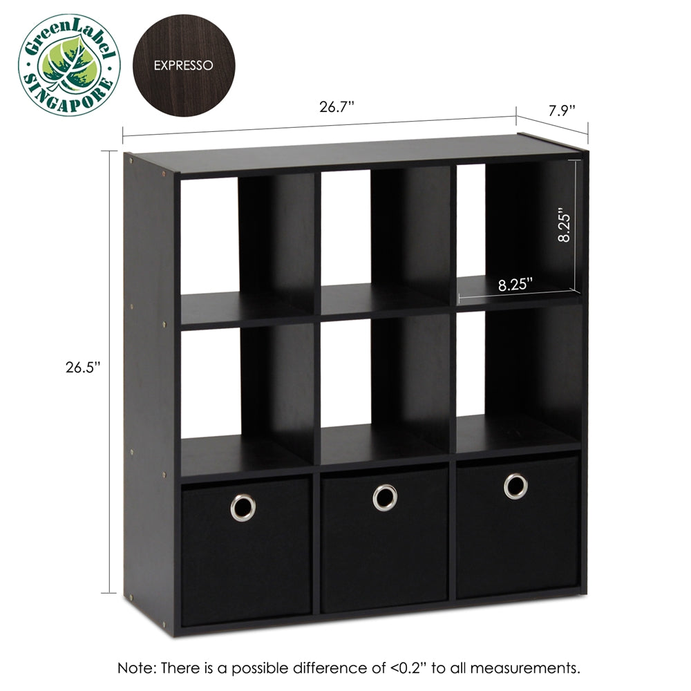 Simplistic 9-Cube Organizer with Bins, Espresso/Black