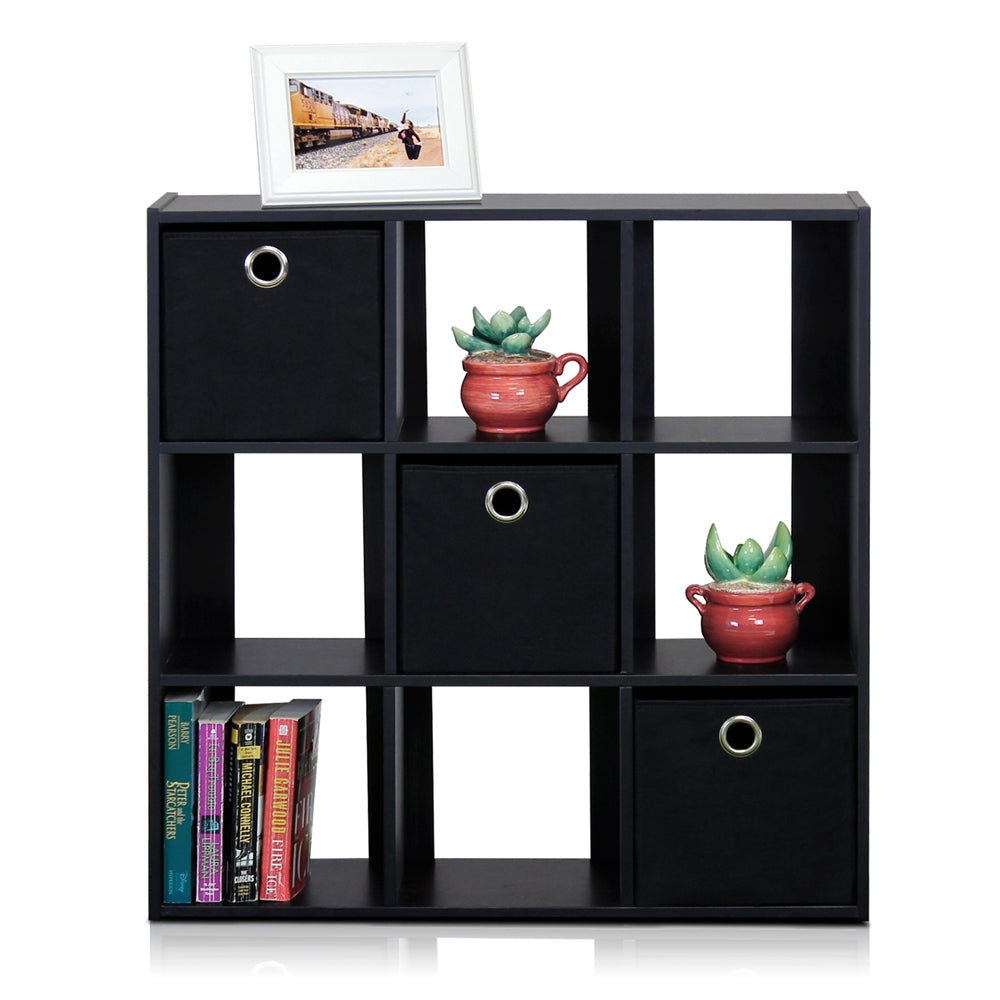 Simplistic 9-Cube Organizer with Bins, Espresso/Black