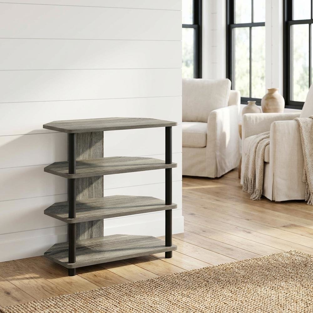 Engineered Wood TV stand, French Oak Grey, Black finish, 4-Tier Storage