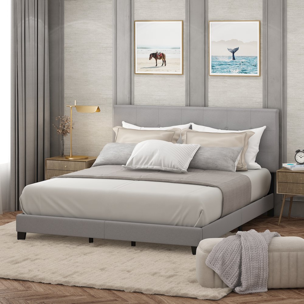 California King Bed Frame with Button Tufted Upholstered Headboard, Light Grey