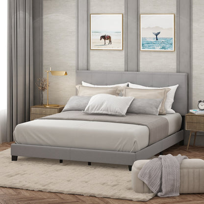 California King Bed Frame with Button Tufted Upholstered Headboard, Light Grey