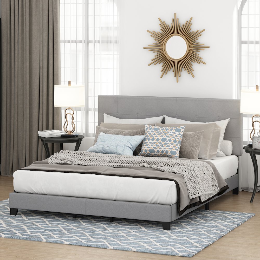 California King Bed Frame with Button Tufted Upholstered Headboard, Light Grey