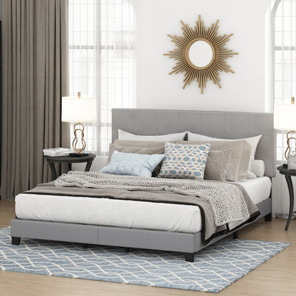 California King Bed Frame with Button Tufted Upholstered Headboard, Light Grey