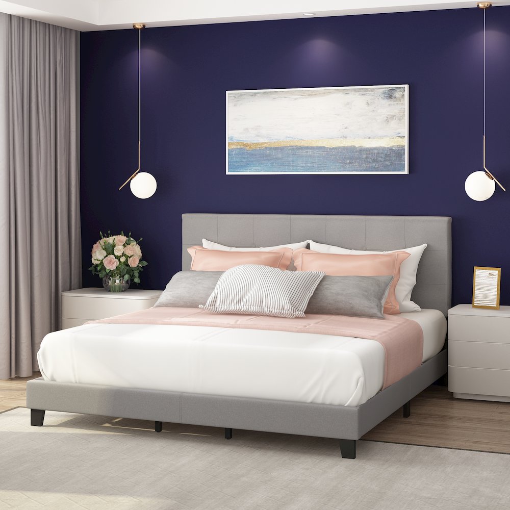 California King Bed Frame with Button Tufted Upholstered Headboard, Light Grey