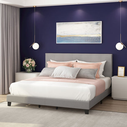 California King Bed Frame with Button Tufted Upholstered Headboard, Light Grey