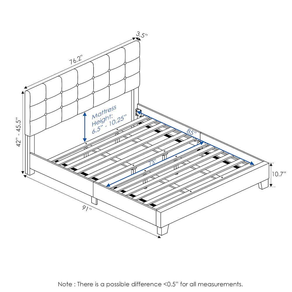 California King Bed Frame with Button Tufted Upholstered Headboard, Light Grey