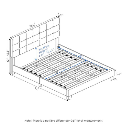 California King Bed Frame with Button Tufted Upholstered Headboard, Light Grey