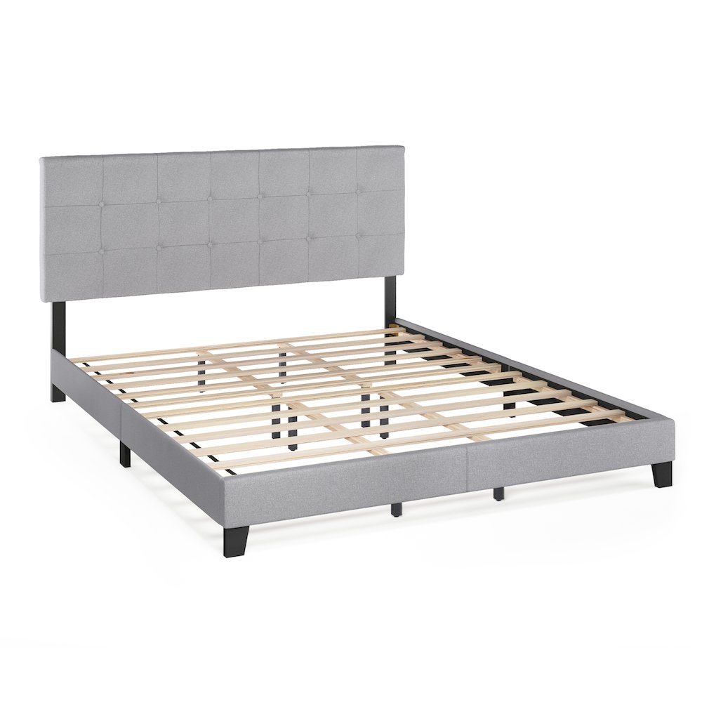 California King Bed Frame with Button Tufted Upholstered Headboard, Light Grey