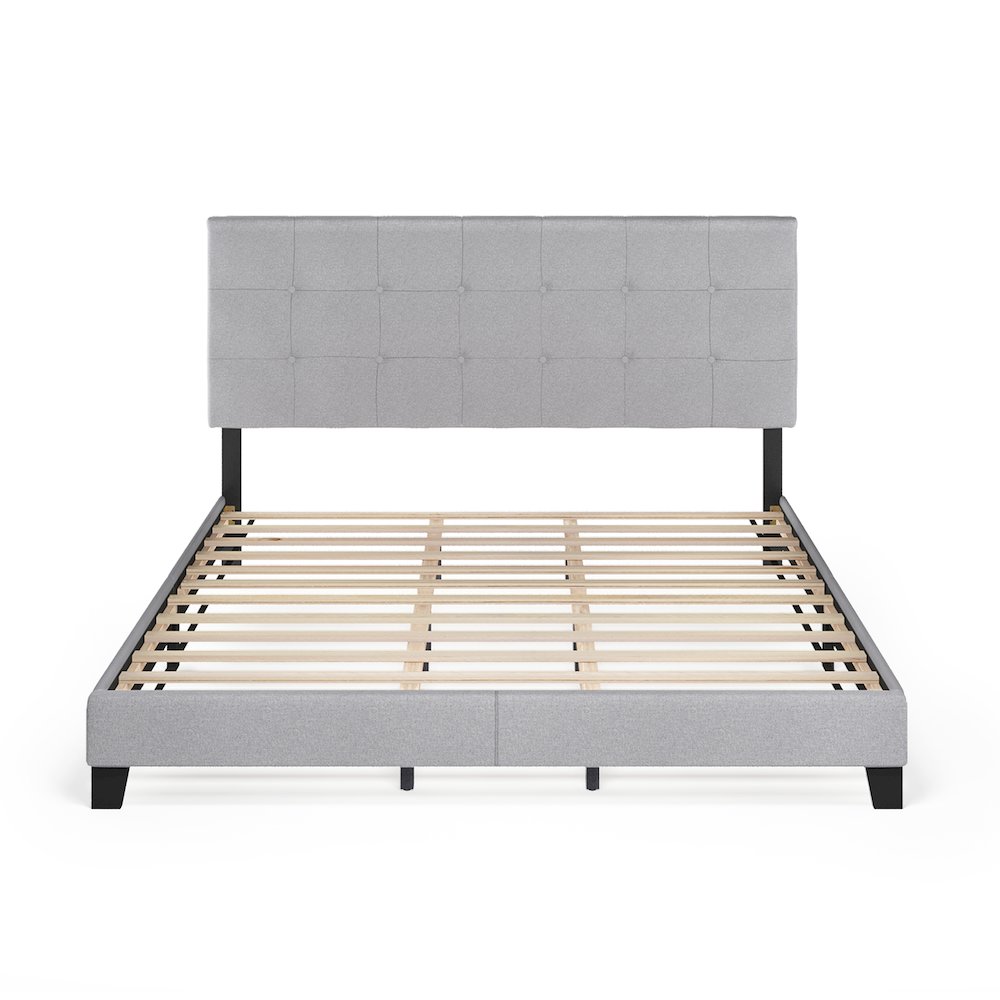 California King Bed Frame with Button Tufted Upholstered Headboard, Light Grey