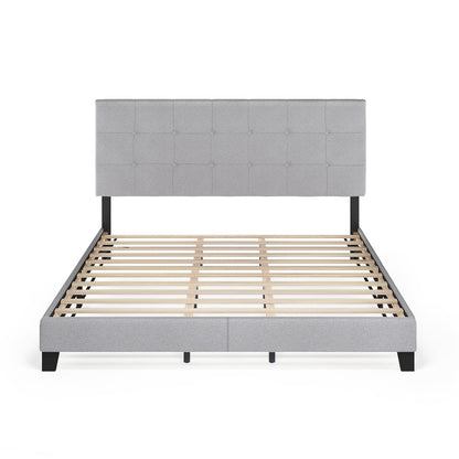 California King Bed Frame with Button Tufted Upholstered Headboard, Light Grey