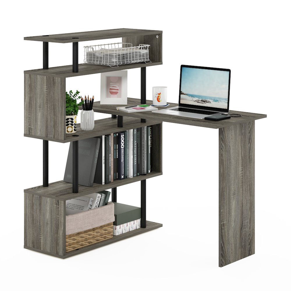 L Shape Computer Desk, Gaming Desk with 5-Tier S-Shaped Side Shelves, Grey Oak