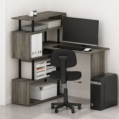 L Shape Computer Desk, Gaming Desk with 5-Tier S-Shaped Side Shelves, Grey Oak