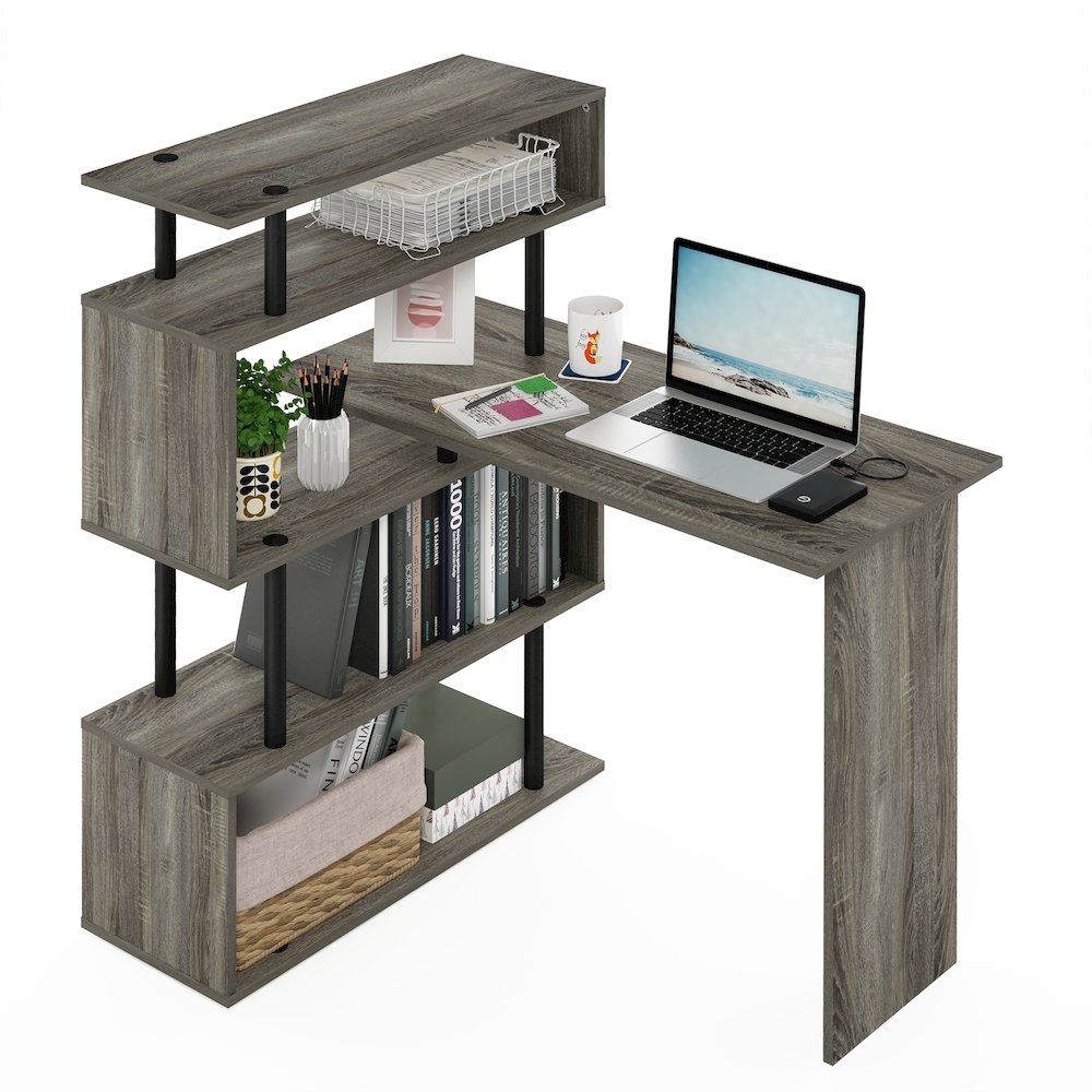 L Shape Computer Desk, Gaming Desk with 5-Tier S-Shaped Side Shelves, Grey Oak