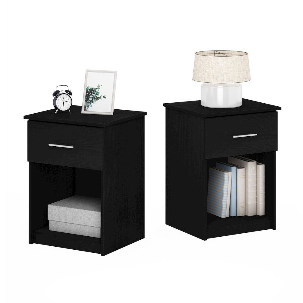 Set of 2 Nightstand with Drawer and Open Shelf, Dark Americano