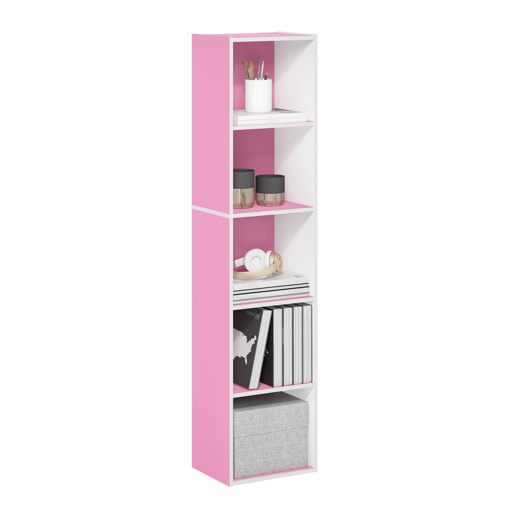 Furinno Pasir 5-Tier Open Shelf Bookcase, Pink/White