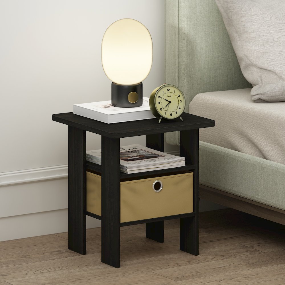 Tidur Bedside Table Nightstand with Bin Drawer, Espresso/Brown, Set of 2
