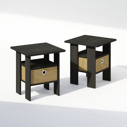 Tidur Bedside Table Nightstand with Bin Drawer, Espresso/Brown, Set of 2