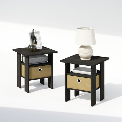 Tidur Bedside Table Nightstand with Bin Drawer, Espresso/Brown, Set of 2