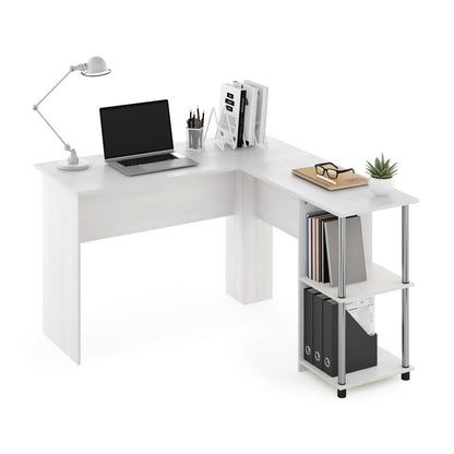 Furinno L-Shape Desk with Stainless Steel Tubes, White Oak