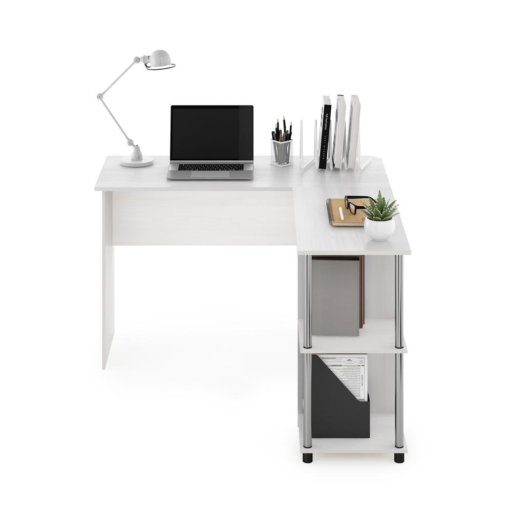 Furinno L-Shape Desk with Stainless Steel Tubes, White Oak