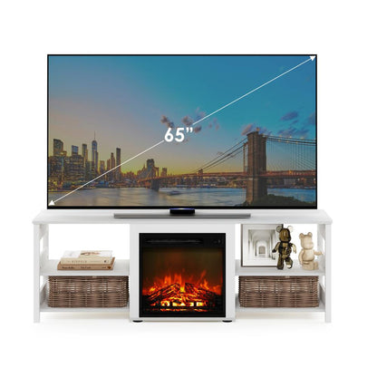 Furinno Classic 70 Inch TV Stand with Fireplace, White Emboss
