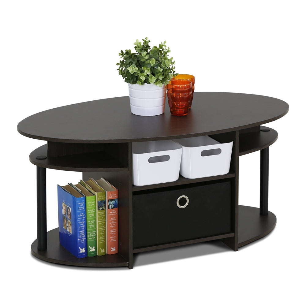 JAYA Simple Design Oval Coffee Table with Bin, Walnut