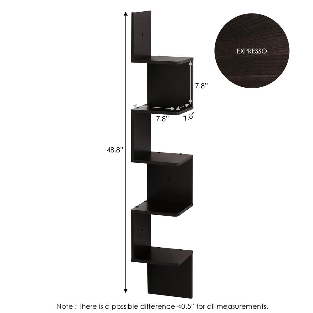 Furinno 5 Tier Wall Mount Floating Corner Square Shelf, Espresso