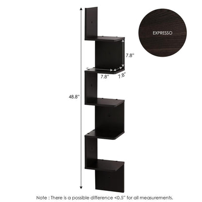 Furinno 5 Tier Wall Mount Floating Corner Square Shelf, Espresso