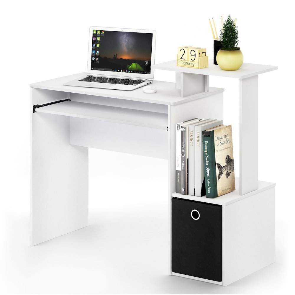 Gaming Desk with Keyboard Tray, with Side Shelves and Storage Bin, Plain White