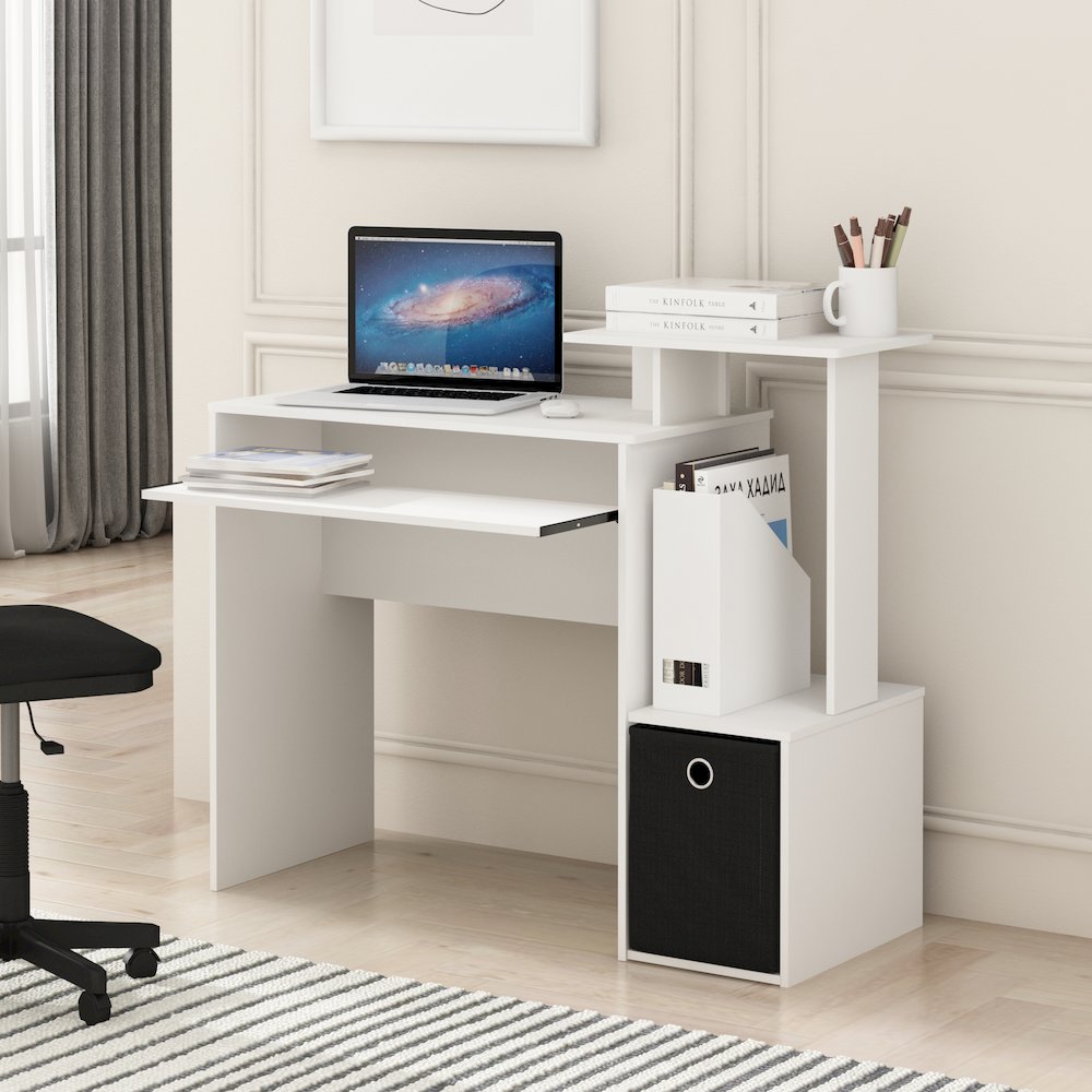 Gaming Desk with Keyboard Tray, with Side Shelves and Storage Bin, Plain White