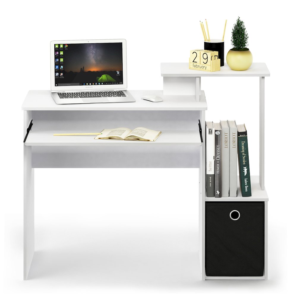 Gaming Desk with Keyboard Tray, with Side Shelves and Storage Bin, Plain White