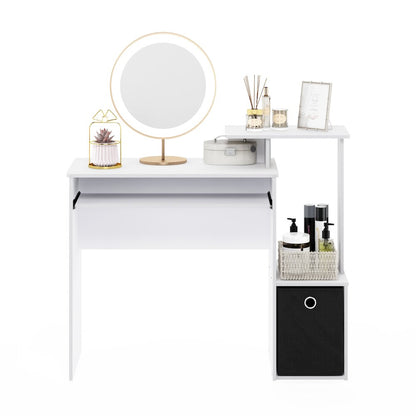 Gaming Desk with Keyboard Tray, with Side Shelves and Storage Bin, Plain White