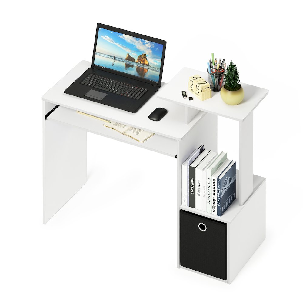 Gaming Desk with Keyboard Tray, with Side Shelves and Storage Bin, Plain White