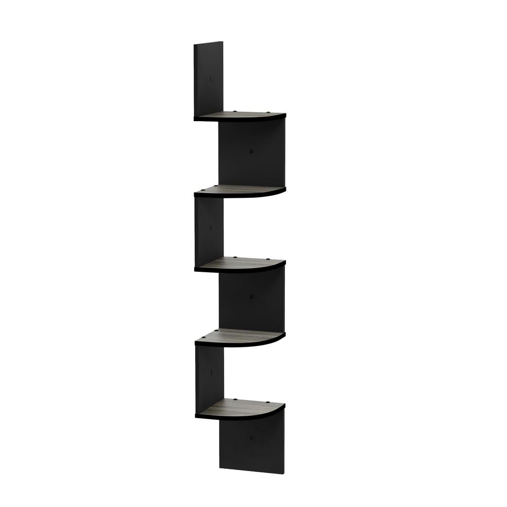 5 Tier Wall Mount Floating Radial Corner Shelf, French Oak Grey/Black