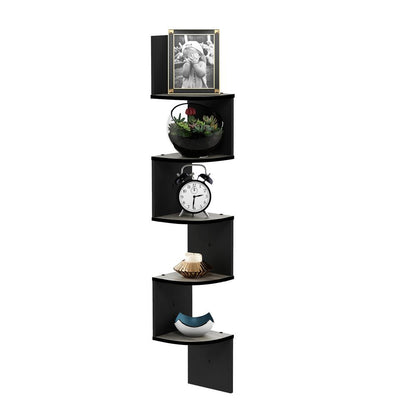 5 Tier Wall Mount Floating Radial Corner Shelf, French Oak Grey/Black