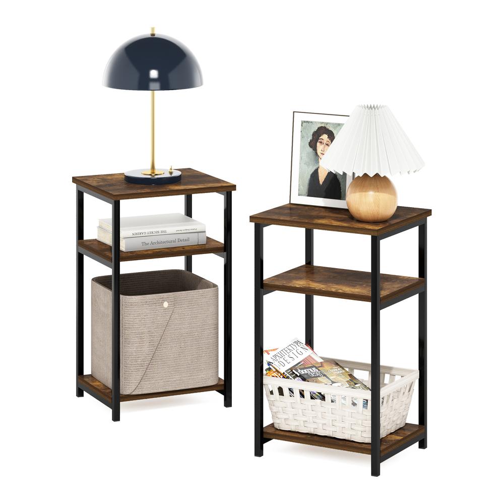 Furinno Just 3-Tier Industrial Metal Frame End Table with Storage Shelves, 2-Pack, Amber Pine
