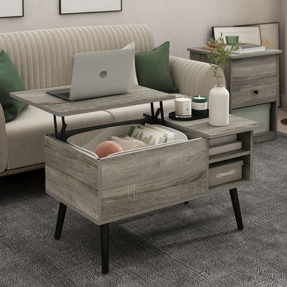 Lift Top Coffee Table, Storage Shelf, Side Shelf, Hidden Compartment, Grey Oak