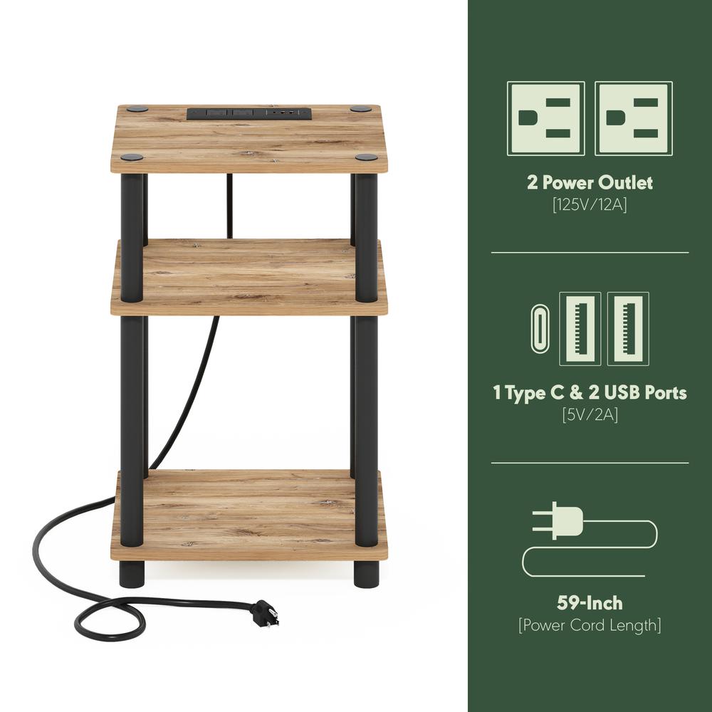 Just 3-Tier Turn-N-Tube USB and Type-C Charging Port End Table, Oak/Black