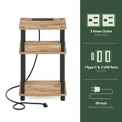 Just 3-Tier Turn-N-Tube USB and Type-C Charging Port End Table, Oak/Black