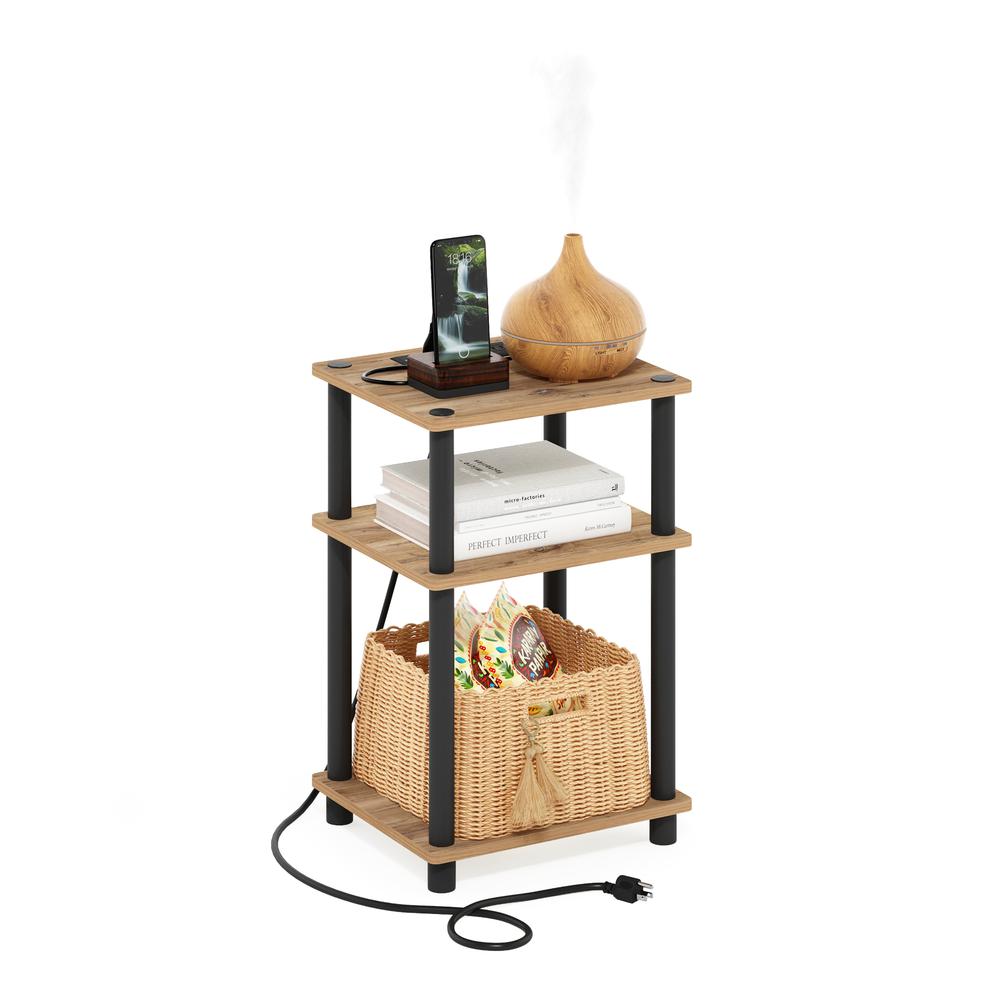 Just 3-Tier Turn-N-Tube USB and Type-C Charging Port End Table, Oak/Black