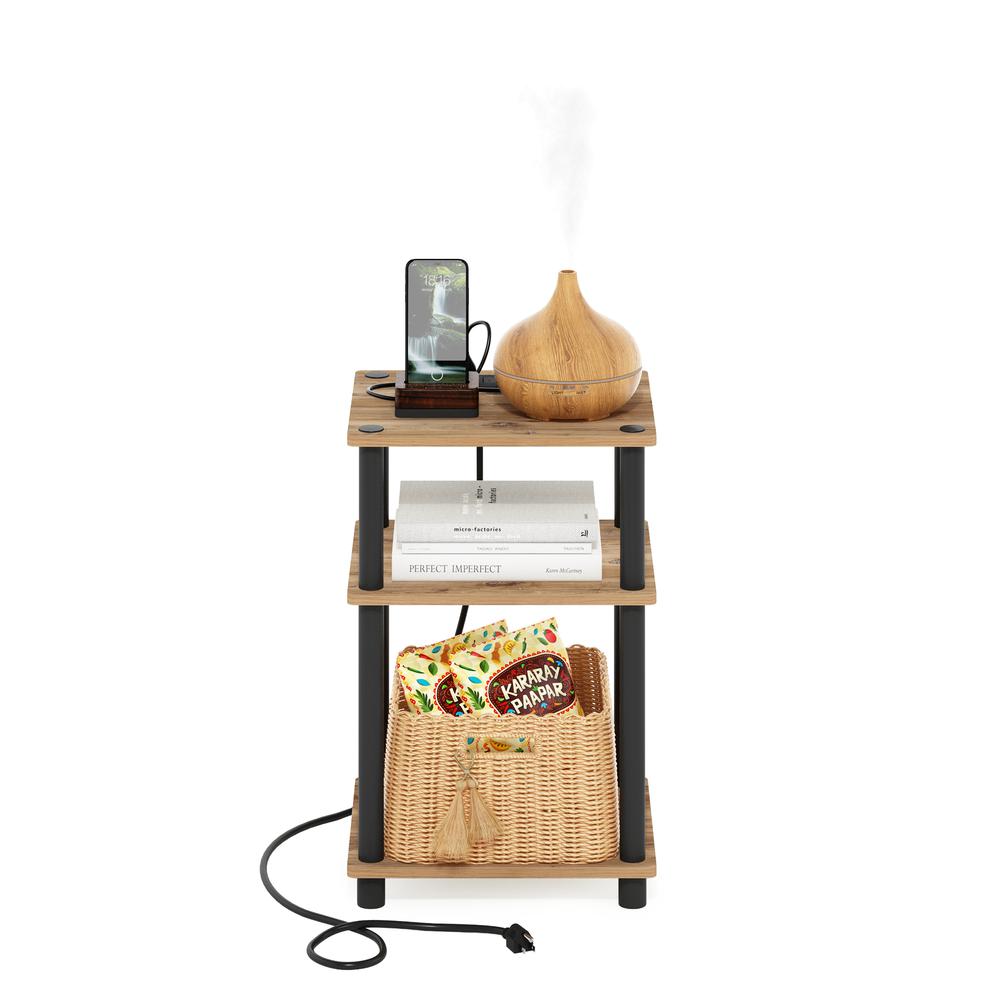 Just 3-Tier Turn-N-Tube USB and Type-C Charging Port End Table, Oak/Black