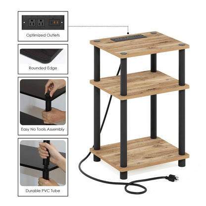 Just 3-Tier Turn-N-Tube USB and Type-C Charging Port End Table, Oak/Black
