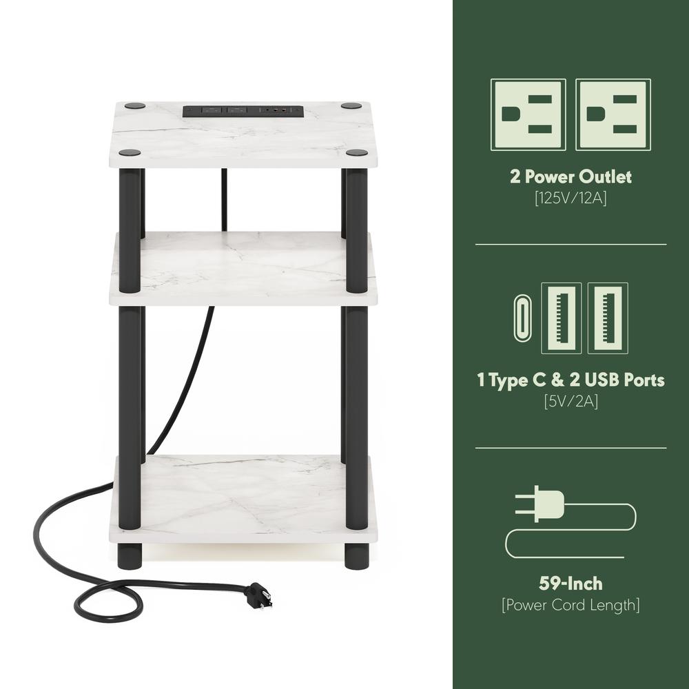 Just 3-Tier Turn-N-Tube USB and Type-C Charging Port End Table, White/Black