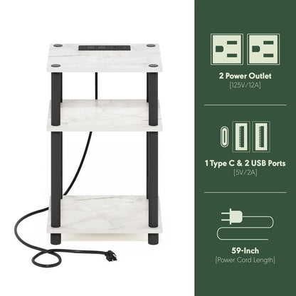 Just 3-Tier Turn-N-Tube USB and Type-C Charging Port End Table, White/Black
