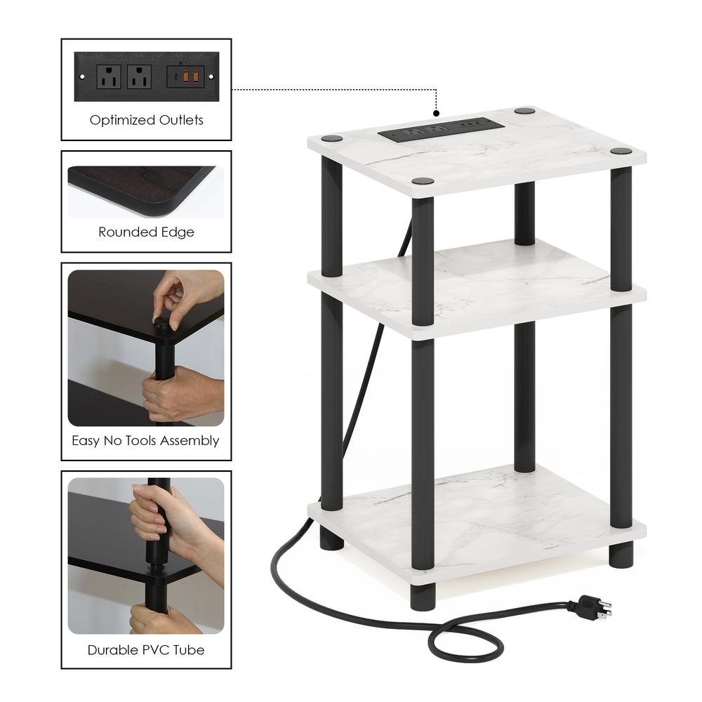 Just 3-Tier Turn-N-Tube USB and Type-C Charging Port End Table, White/Black